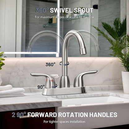 Bathroom Sink Faucet for 3 Hole, 4 Inch Stainless Steel Faucet for Bathroom, Bathroom Faucets with Deck Plate & Pop-Up Pop-Up Drain Assembly 2-Handle Faucet for Bathroom Sink Vanity RV Restroom
