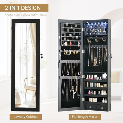8 LED Lights Jewelry Armoire with Mirror with Storage And 2 Drawers | 47.3” H Mirror Jewelry Cabinet Door Hanging/Wall Mounted Mirror Black