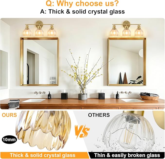 Bathroom Light Fixtures, 3-Light Brushed Gold Vanity Lights for Bathroom with Amber Tulip Glass Shade, 20" Vintage Bathroom Vanity Lighting Fixtures Over Mirror for Bedroom Living Room Hallway