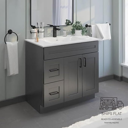 36" Light Grey Shaker Bathroom Vanity Base – Ready-to-Assemble Sink Cabinet with Drawers, Freestanding Bathroom Vanity Base Only, No Top or Sink