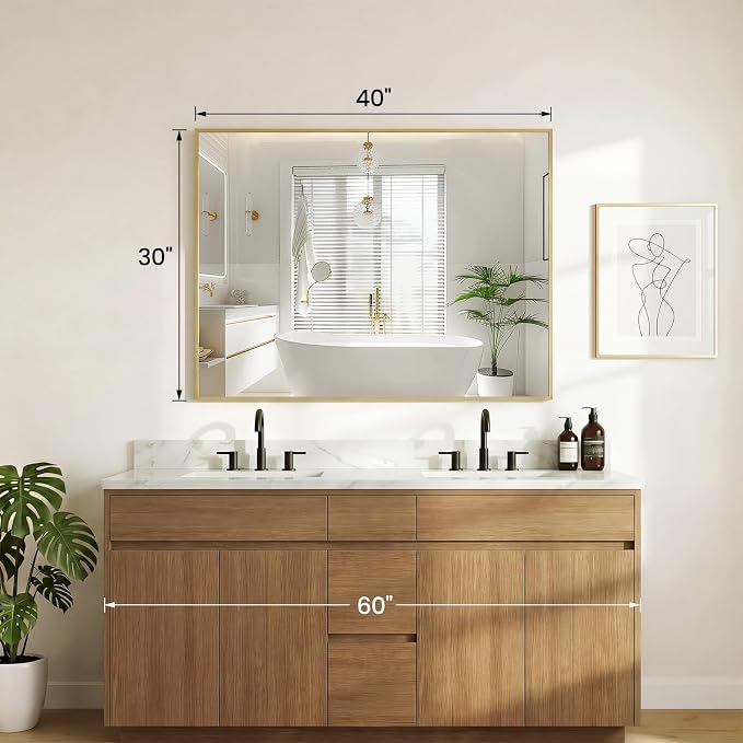 Sweetcrispy Bathroom Mirror for Over Sink, 30" x 40" Rectangle | Wall Mount Mirrors with Metal Frame, Modern Vanity Mirror with Tempered Glass, for Home Decor, Anti-Rust, Gold