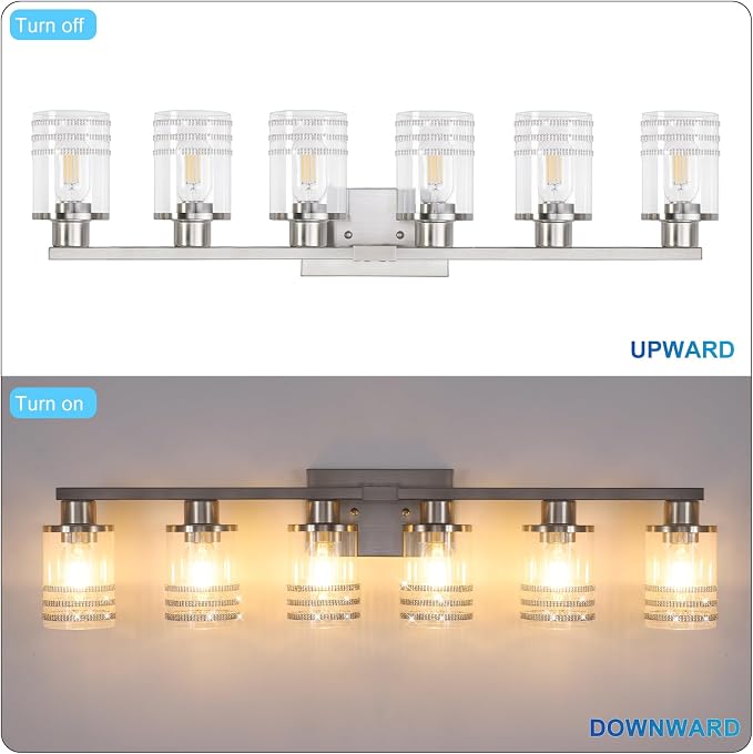 YYT 6-Light Bathroom Vanity Light Brushed Nicekl 6 Light Vanity Lights for Bathroom Light Fixtures Brushed Nicekl with Clear Glass Shade E26 Scoket