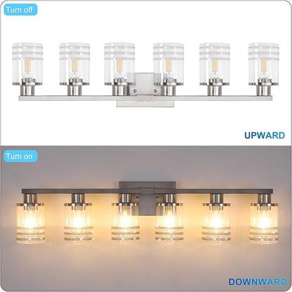 YYT 6-Light Bathroom Vanity Light Brushed Nicekl 6 Light Vanity Lights for Bathroom Light Fixtures Brushed Nicekl with Clear Glass Shade E26 Scoket