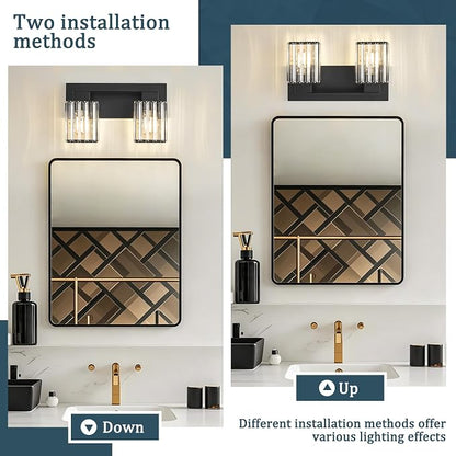 2-Light Black Crystal Vanity Light Bathroom Lighting Fixtures Over Mirror | Wall Sconces with Square Crystal Shades, E26 Socket, Modern Vanity Lights for Bathroom (Bulbs Not Included)