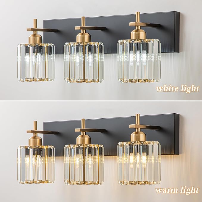 Modern Crystal Bathroom Vanity Lights, 3-Lights Black Gold Bathroom Light Fixtures Over Mirror, Crystal Vanity Light with Polished Gold Finish(Exclude Bulb)