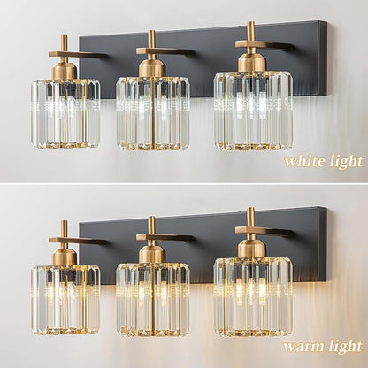Modern Crystal Bathroom Vanity Lights, 3-Lights Black Gold Bathroom Light Fixtures Over Mirror, Crystal Vanity Light with Polished Gold Finish(Exclude Bulb)