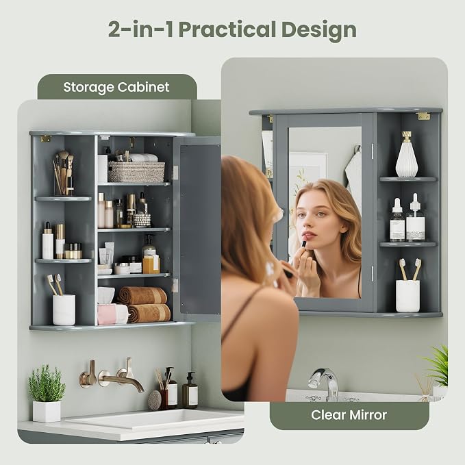 GIANTEX Bathroom Mirror Cabinet (Grey) | Wall Mounted Medicine Cabinet with Mirrored Door & 4 Interior Shelves, 6 Open Shelves, Space-saving Storage Cabinet