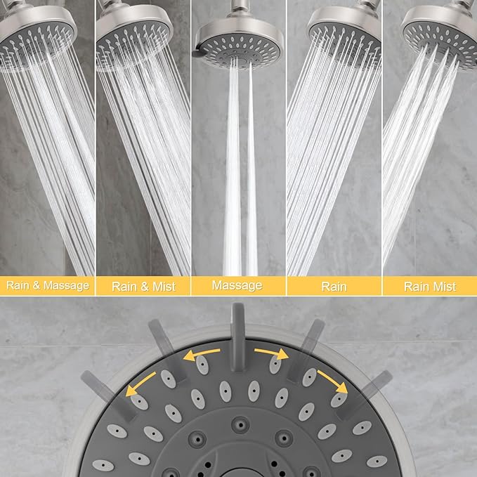 AISOSO Shower Head, 5 Modes High Pressure Shower Heads for Relaxed Shower Experience, 4.1 Inch Bathroom Fixed Showerhead Even at Low Water Pressure for Powerful Spray, Brushed Nickel