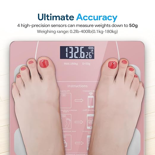 Smart Body Fat Scale with Led Display - Digital Bathroom Scale with Bluetooth, Accurate Body Composition Measurement, Muscle Mass, BMI, and Body Water Analysis (Pink)