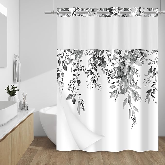 No Hook Floral Shower Curtain with Liner, Eucalyptus Black, 71x74 | Snap in Liner, 3 in 1, Water Repellent, Easy Install, Machine Washable, Hotel Style for Bathroom, Watercolor Pattern