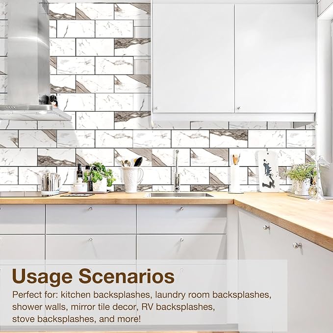 Peel and Stick Backsplash Tile for Kitchen & Bathroom Walls (Polished Carrara Marble, 10 Tiles - 9.7 sq. ft. (0.9 m²))