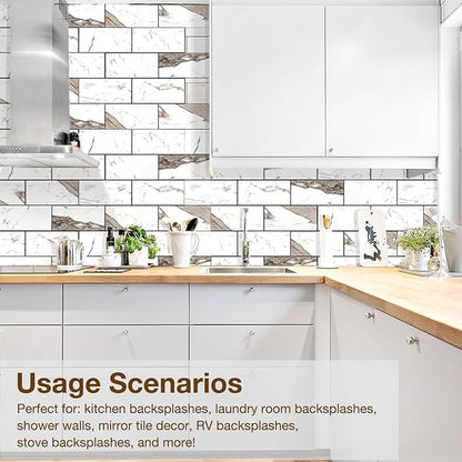 Peel and Stick Backsplash Tile for Kitchen & Bathroom Walls (Polished Carrara Marble, 10 Tiles - 9.7 sq. ft. (0.9 m²))