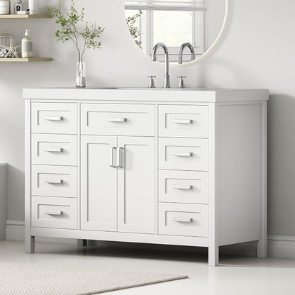 48" Single Bathroom Vanity with Sink Combo, Modern Bathroom Sink Cabinet with 2 Soft Closing Doors and 8 Drawers, Wood Vanity Set with Resin Basin, Freestanding, White