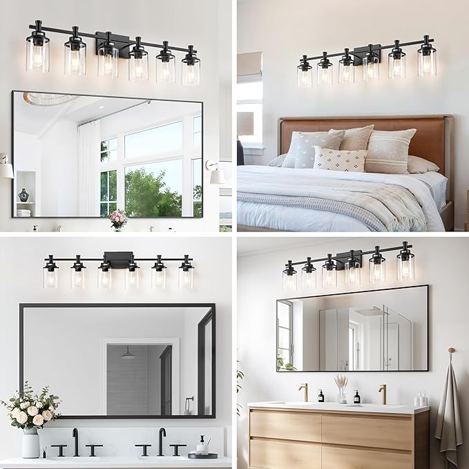 Modern Black Bathroom Vanity Lighting Over Mirror,6 Lights Bathroom Vanity Lights with Clear Glass Shade, Metal Vanity Lights for Bathroom,Bedroom,Living Room