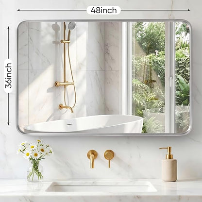 Sweetcrispy Bathroom Mirror 48x36 Inch, Vanity Mirror for Wall | Metal Framed Rounded Rectangle, Over Sink, Farmhouse Restroom, Anti-Rust, Horizontal or Vertical Hanging, Silver