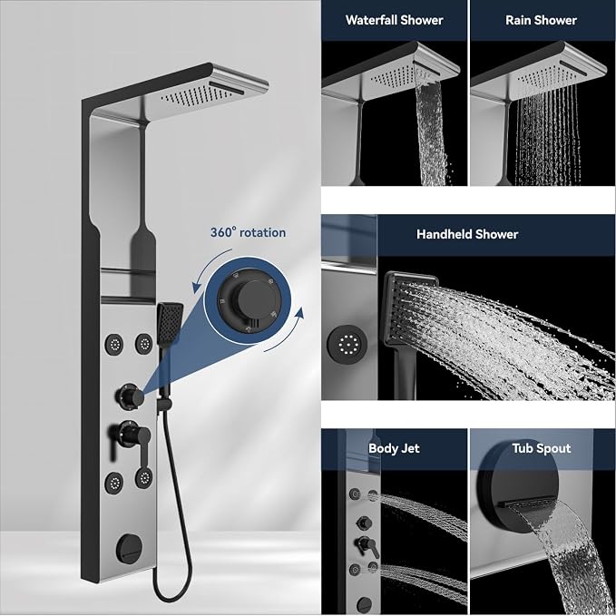 Stainless Steel Shower Panel Tower System with Rainfall Showerhead, Handheld Shower, Body Jets, Tub Spout, Multi-Function Shower System