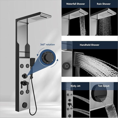 Stainless Steel Shower Panel Tower System with Rainfall Showerhead, Handheld Shower, Body Jets, Tub Spout, Multi-Function Shower System