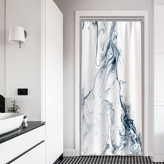 Stall Shower Curtain, Modern Abstract Blue and White Marble Small Shower Curtain Waterproof Shower Curtain Set with Hooks, 36x72 Inch
