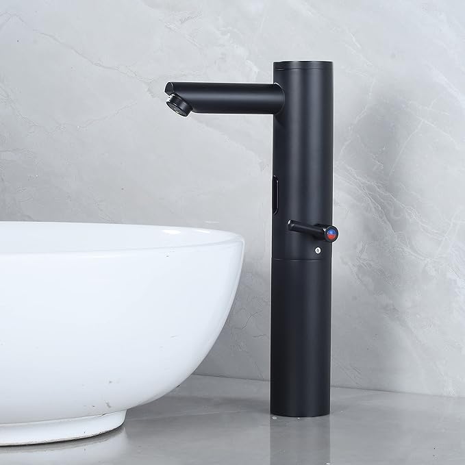 Automatic Touchless Bathroom Sink Faucet Tall Body Motion Activated Sensor Hands Free Commercial Faucets Adjustable Cold Hot 1 Hole Single Handle Basin Vessel Auto Water Mixer（Matte Black）