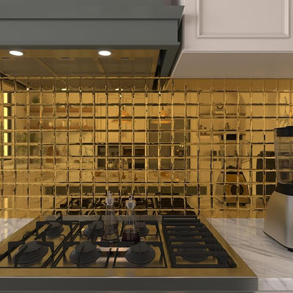 Peel and Stick 3 Inch Gold Mirror Backsplash, Square Tile for Kitchen Bathroom (32 Sheets, 2 SQ.FT.)
