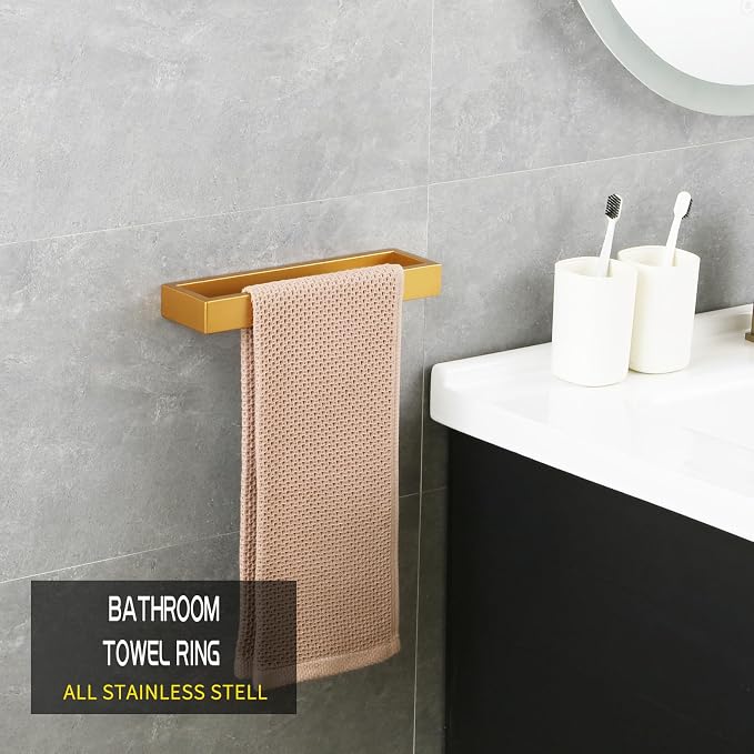 GERZWY Bathroom 2-Piece Accessory Set Gold Stainless Steel Toilet Paper Holder Towel Ring Wall Mount