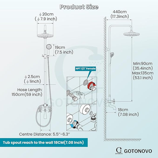 gotonovo Exposed Shower Faucet Set 8 Inch Rainfall Showerhead 3-Function Shower Fixture with Tub Spout 2 Corss Handles Shower System, Matte Black