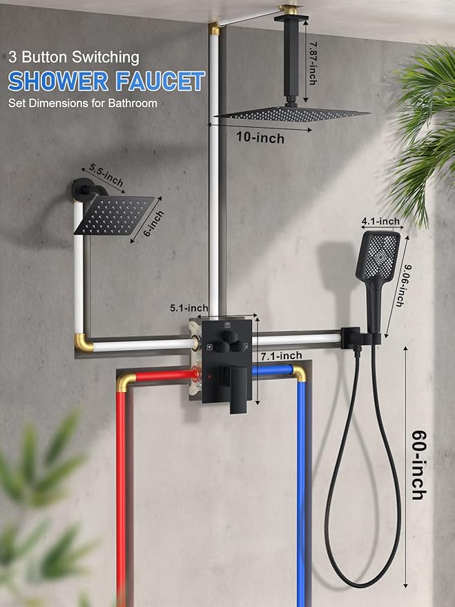 Woindo Shower Faucet Set, 10" Ceiling Mount Rainfall Shower System with 2 Rain Shower Head and Multi-function Handheld Head Push Button Diverter Shower Faucet Trim Kit