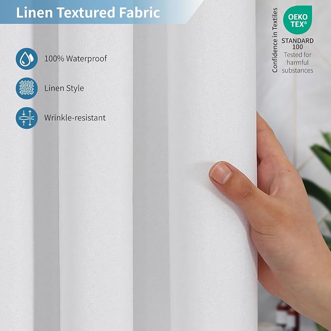 Extra Long Fabric Shower Curtain,No Liner Needed,72"x96",White | 2-in-1 Design,Linen Textured,100% Waterproof TPU-Laminated Backing,Magnetic Weighted,Machine Washable,For Bathroom,Hotel
