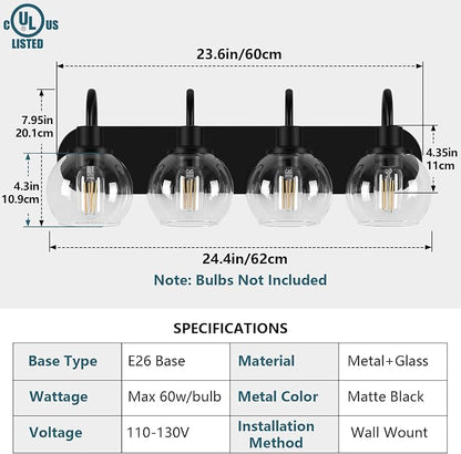 Dpyrrhic Industrial Bathroom Vanity Light， 4-Light Bathroom Lights Over Mirror with Clear Glass Globe Shade and Metal Base, Matte Black Bathroom Vanity Light Fixture