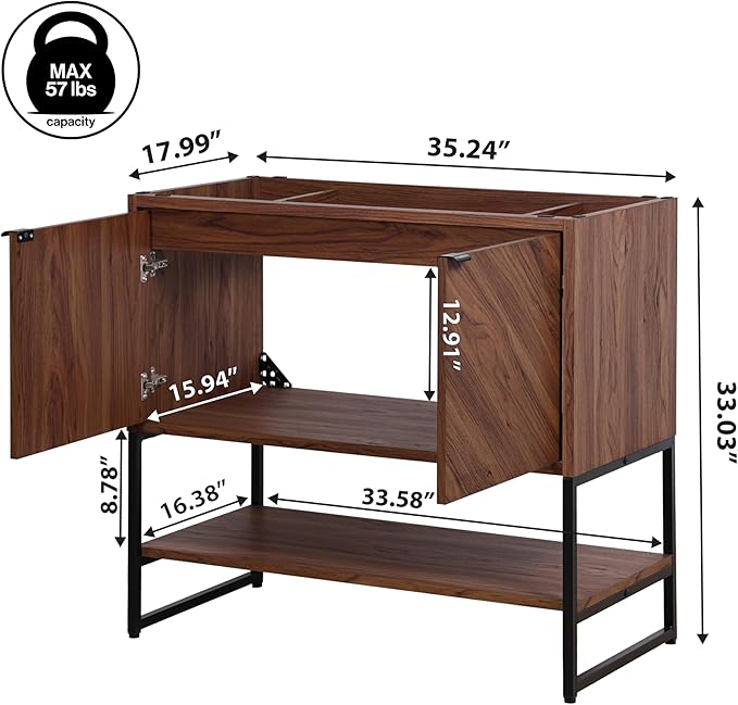 JONATHAN Y VAN1015B Juhl 35 in. W x 18 in. D x 33 in. H Chevron-Front Modern Minimalist 2-Shelf Bathroom Vanity Cabinet Only with Soft Closing Doors (Sink Basin Not Included), Walnut