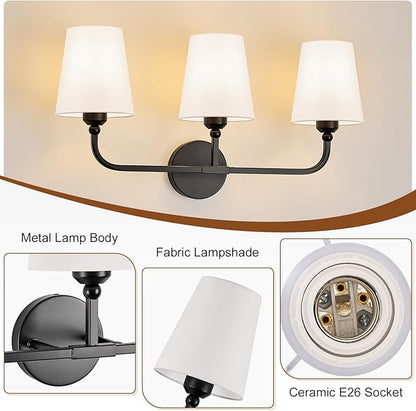 Bathroom Vanity Light, Matte Black Bathroom Light Fixtures, 3-Light Lighting Fixtures Over Mirror, Modern Wall Sconce with Flared White Fabric Shade, E26 Socket(ETL Listed)