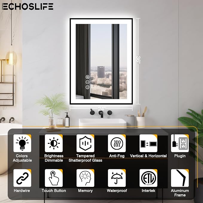 EchosLife 24x36 LED Bathroom Mirrors for Wall - Black Aluminum Framed | Black Frame, Front and Backlit, Anti-Fog, Stepless Dimmable, 3 Colors, Memory, Tempered Glass, UL Listed, Horizontal/Vertical