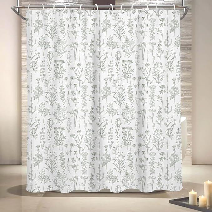 Coxila Vintage Floral Shower Curtain Sage Green and White Flower Retro Cute Rustic Country Spring Summer Fun Boho Plant Botanical Leaf Greenery Bathroom 60 x 72 Inch Polyester Fabric 12 Pack Hooks