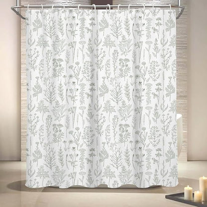 Coxila Vintage Floral Shower Curtain Sage Green and White Flower Retro Cute Rustic Country Spring Summer Fun Boho Plant Botanical Leaf Greenery Bathroom 60 x 72 Inch Polyester Fabric 12 Pack Hooks