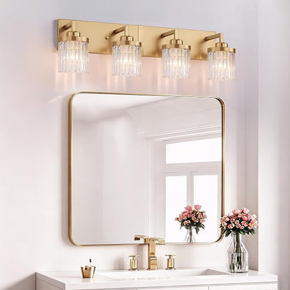 Modern 4-Light Gold Vanity Lights, Crystal Glass Bathroom Fixtures | Brushed Gold Finish, Rust-resistant Metal, Industrial Design, E26 Compatible, Over Mirror Wall Light for Bathroom Restroom