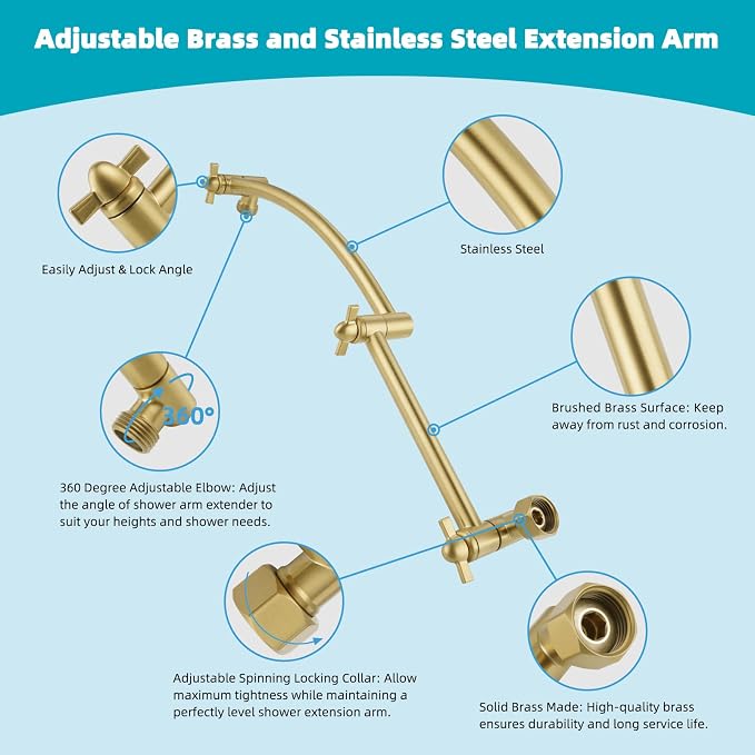 Hibbent Rain Shower Head, 13'' High Pressure Rainfall Square 5 Spray Mode Showerhead with 16" Shower Head Extension Arm, Solid Brass Adjustable Shower Arm Extender, Brushed Gold
