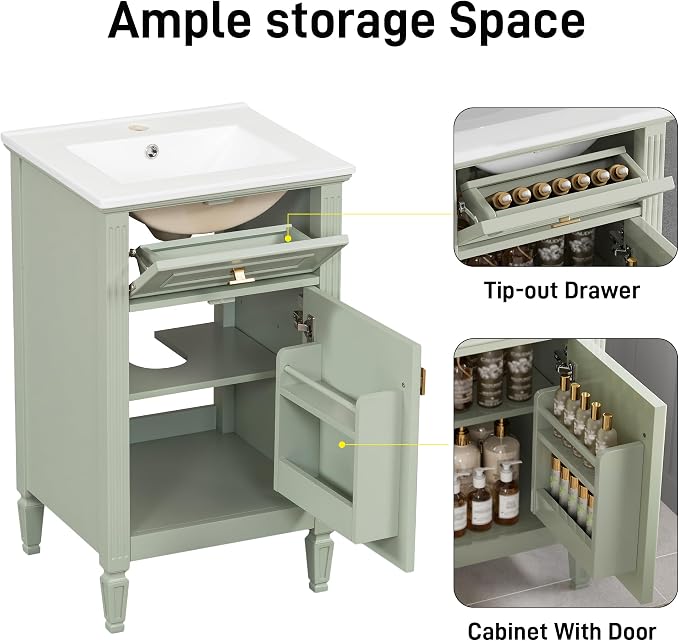GDFStudio Hawthorne 20" Modern Bathroom Vanity with Sink, Freestanding Bathroom Vanity Organizer with Tilt Out Drawer, Adjustable Shelf and Solid Wood Legs, Single Sink Bathroom Vanity, Green