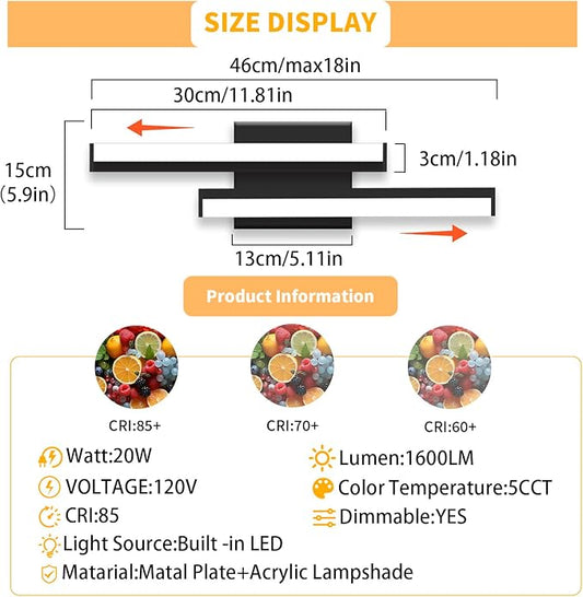 Bathroom Light Fixtures: 18-Inch Modern Bathroom Vanity Light ETL Certificated 5CCT Optional Wall Lights Over Mirror 20W, LED Vanity Light Bar 0-100% Dimmable - Wall Light Fixtures, 1 Pack