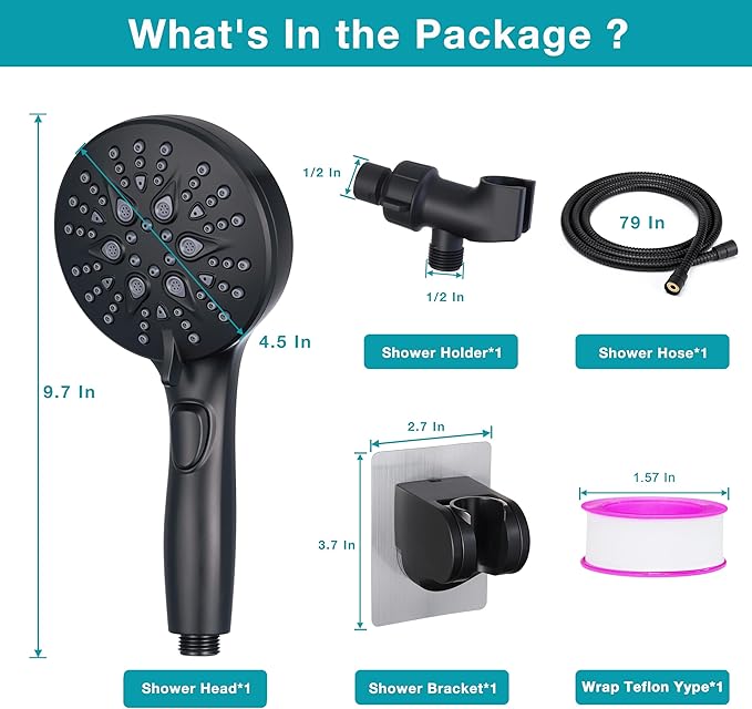 GwernKB Handheld Shower Head with ON OFF Switch & 79in Stainless Steel Hose | Built-in Power Spray,7-Setting High Pressure Spray with Bracket & Extra No Drilling Wall Shower Holder for Lower Mount,Black