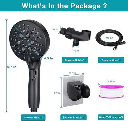 GwernKB Handheld Shower Head with ON OFF Switch & 79in Stainless Steel Hose | Built-in Power Spray,7-Setting High Pressure Spray with Bracket & Extra No Drilling Wall Shower Holder for Lower Mount,Black