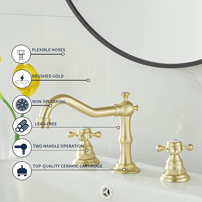 GGStudy Brushed Gold Bathroom Faucet 2 Handles 3 Holes Widespread Bathroom Sink Facuet Washingroom Faucet Mixer Tap wiith Pop Up Drain