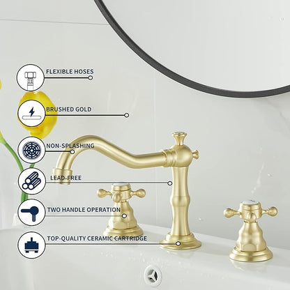 GGStudy Brushed Gold Bathroom Faucet 2 Handles 3 Holes Widespread Bathroom Sink Facuet Washingroom Faucet Mixer Tap wiith Pop Up Drain