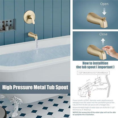 Aolemi Tub Shower Faucet Set With Valve Wall Mount Shower Trim Kit 6 Inch Bathtub Fixtures Rough-in Valve Single-Spray Shower Head System 5.3 Inch Tub Spout Brushed Gold Modern