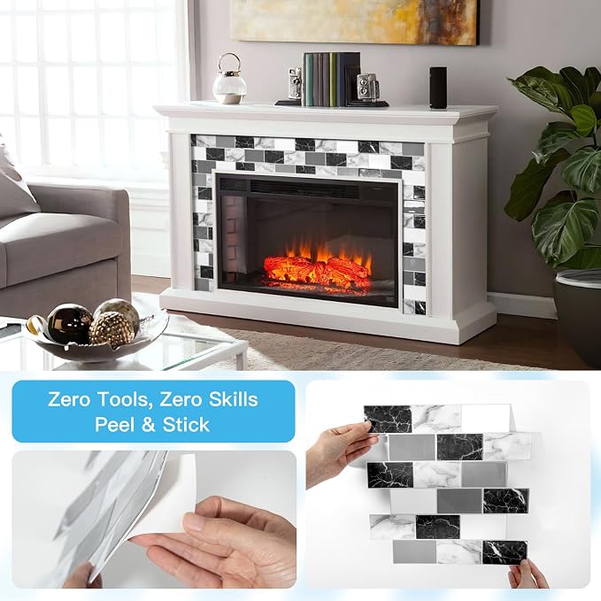 Art3d 10-Pack Marble Wall Tiles Peel and Stick Backsplash, Black White Grey | 12 x 12 Inch, Thickened Design, No Warping, Durable, Self-Adhesive, for Kitchen, Bedroom Decor, Ideal for New Home Buyers