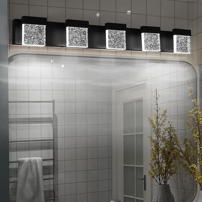 Crystal Black Light Fixtures, 5 Light Vanity Lights, LED Over Mirror, Modern Bathroom Vanity Light 6000K, 39 Inch