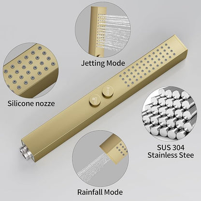 RUMOSE Brushed Gold Rainfall Shower System 12 Inch High Pressure Square Shower Head with 2 in 1 Handheld Spray Wall Mount Brass Bathroom Shower Faucet Set with cUPC Certified Rough-in Valve