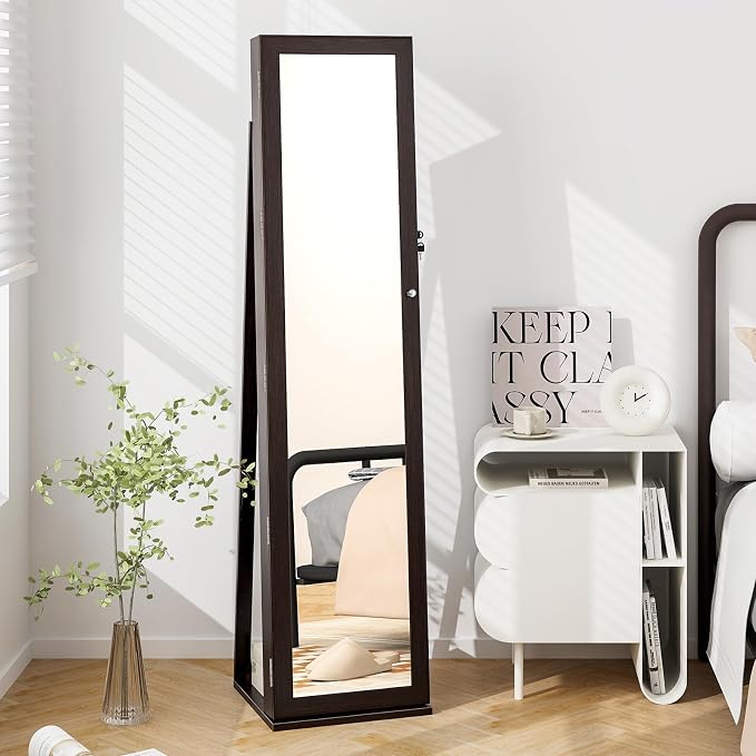 COSTWAY Standing Jewelry Cabinet, Large Capacity Jewelry Organizer w/Full-Length Mirror & Rear Storage Shelves, Lockable Mirror Jewelry Armoire with Keys for Girls Women (Espresso)