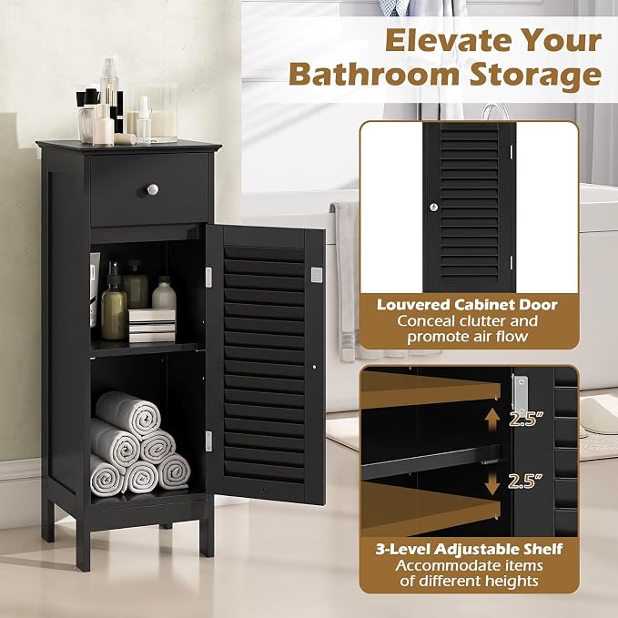 GIANTEX Bathroom Floor Storage Cabinet with Door and Drawer, Black | Freestanding Side Cabinet with 3-Height Adjustable Shelf, Slim Cupboard, Storage Organizer Cabinet for Bedroom Living Room