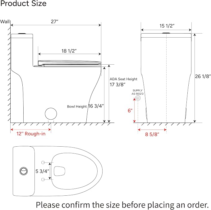 Elongated One Piece Toilet with Comfort Chair Seat ADA Height 17.33", Powerful Dual Flush 0.8/1.28 GPF Compact Toilet, MAP 1000g, Standard White Toilet Bowl, 12'' Rough-in