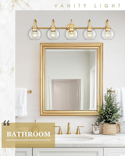 Bathroom Light Fixtures, 5-Light Brushed Gold Vanity Lights with Globe Clear Glass, 35 Inch Champagne Bronze Vanity Lighting Fixtures Over Mirror, AD-22280-5W-GD